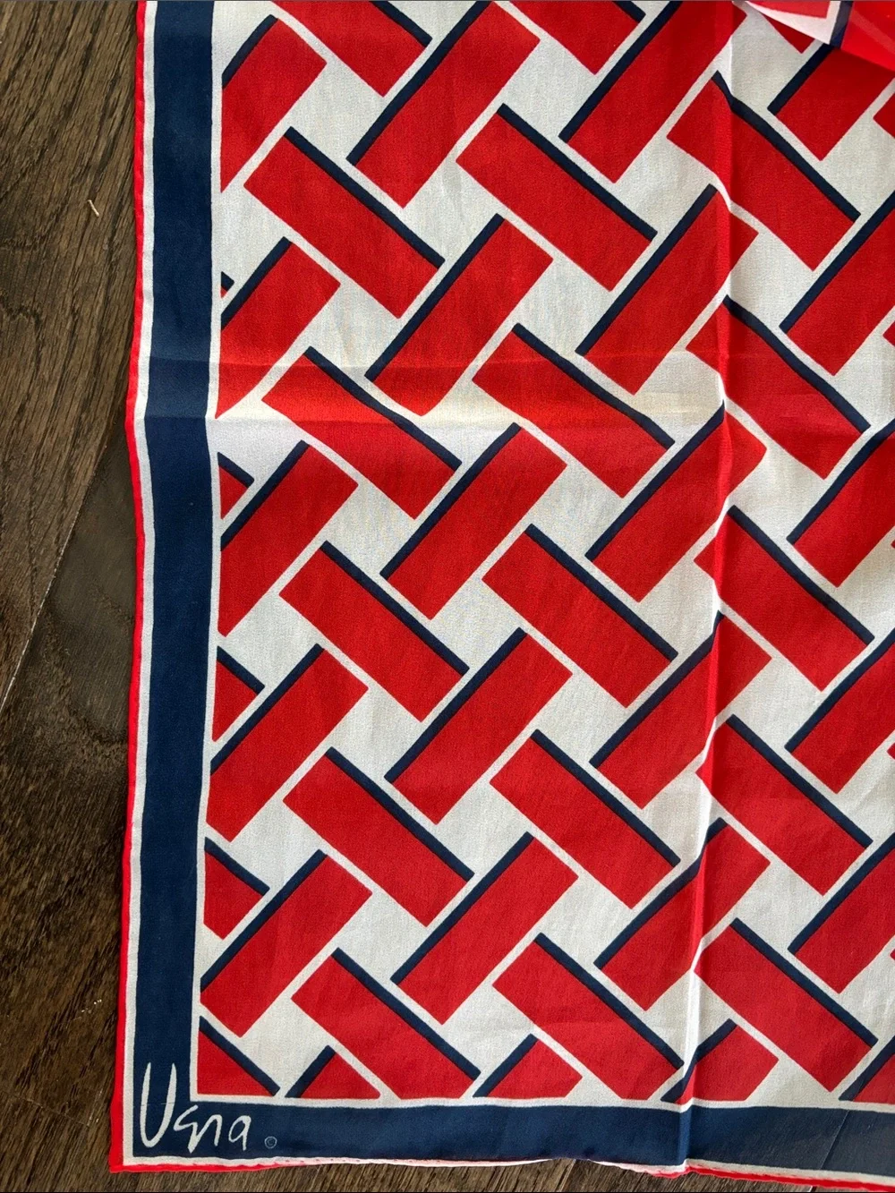Vintage Vera silk blend? scarf, 15x44”, red/white/blue woven pattern